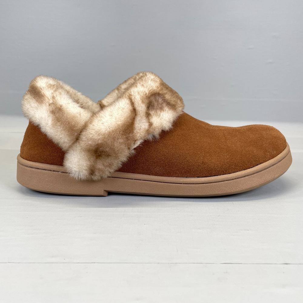 Clarks Bootie Slippers Womens Size 11 M Brown Suede Faux Fur Trim Slip On Shoes
